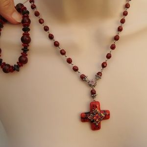 millefiori red glass cross pendant beaded necklace